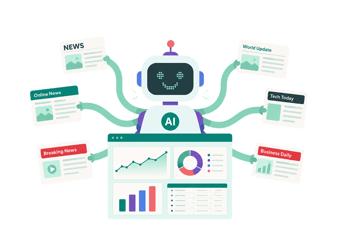 AI assistant gathering and analysing news coverage from multiple publications