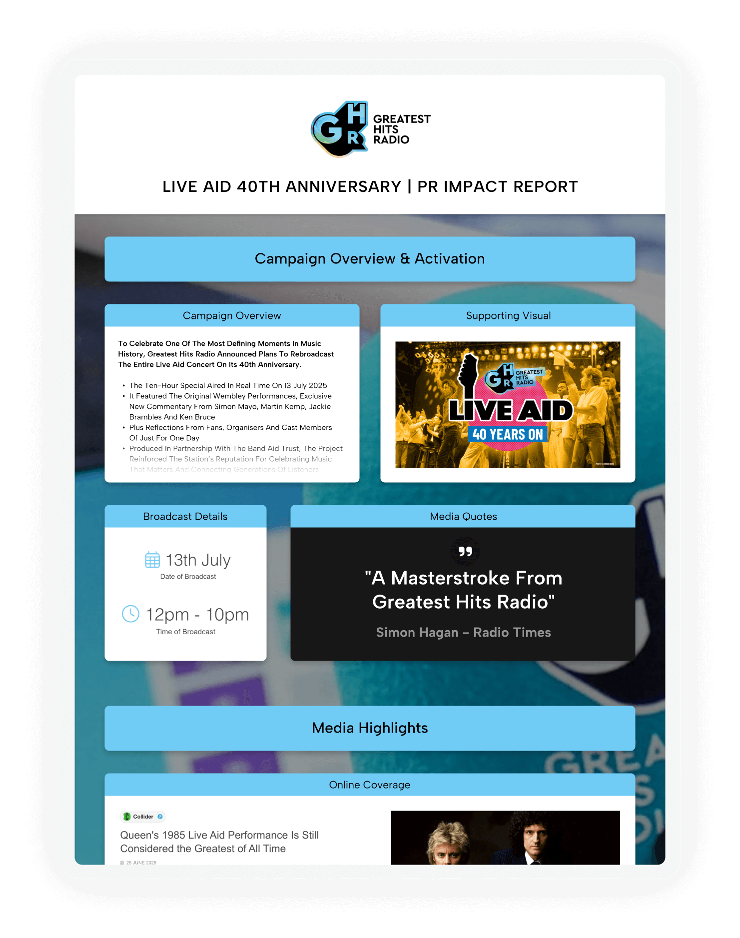 Bauer Media Live Aid Consumer PR Report